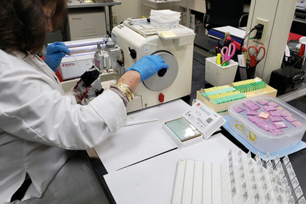 A lab technician in a white coat uses a microtome to prepare tissue samples, surrounded by slides, sample boxes, and lab equipment on a workstation.