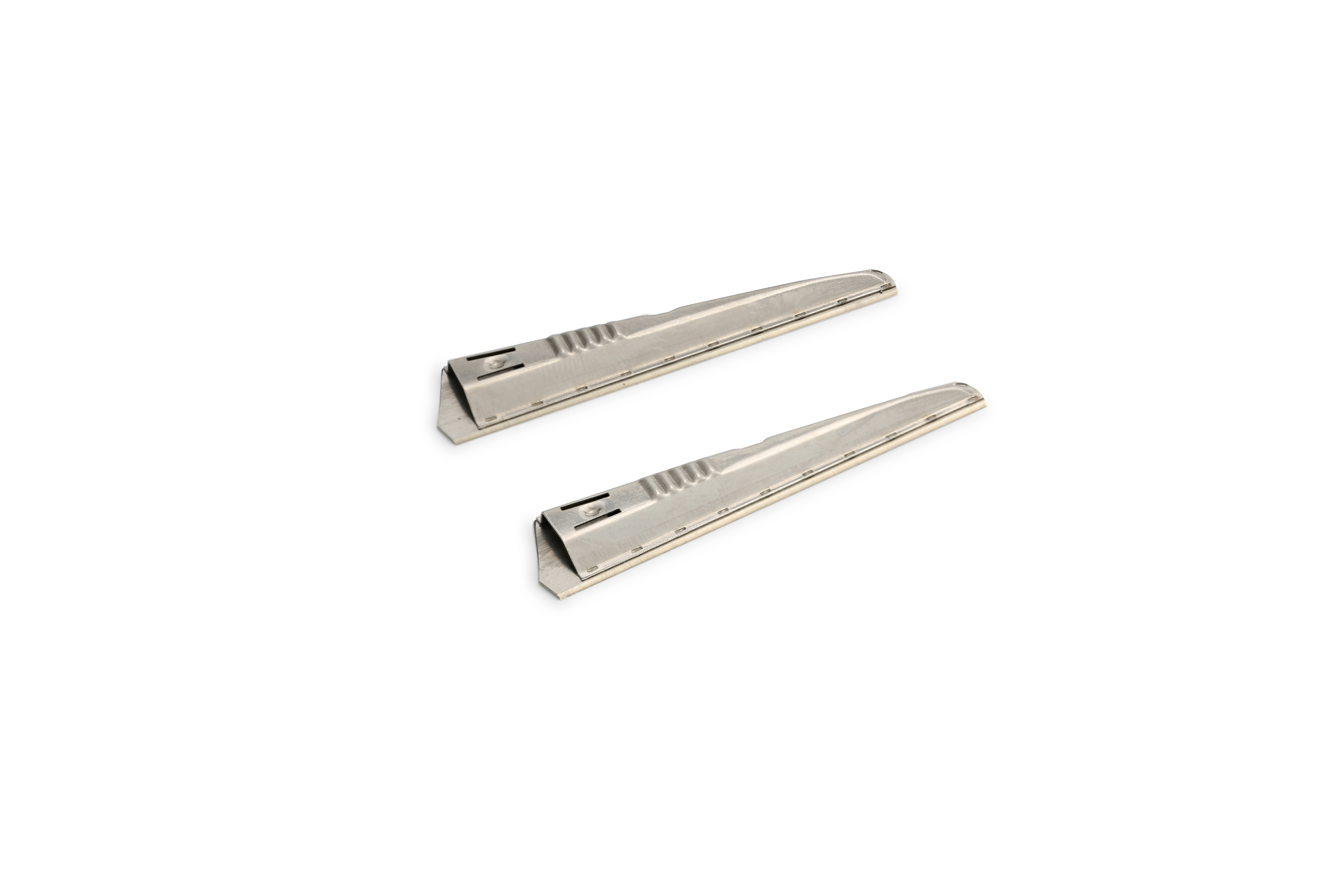 Two metal utility knife blades with grooved grips, placed parallel on a white background.