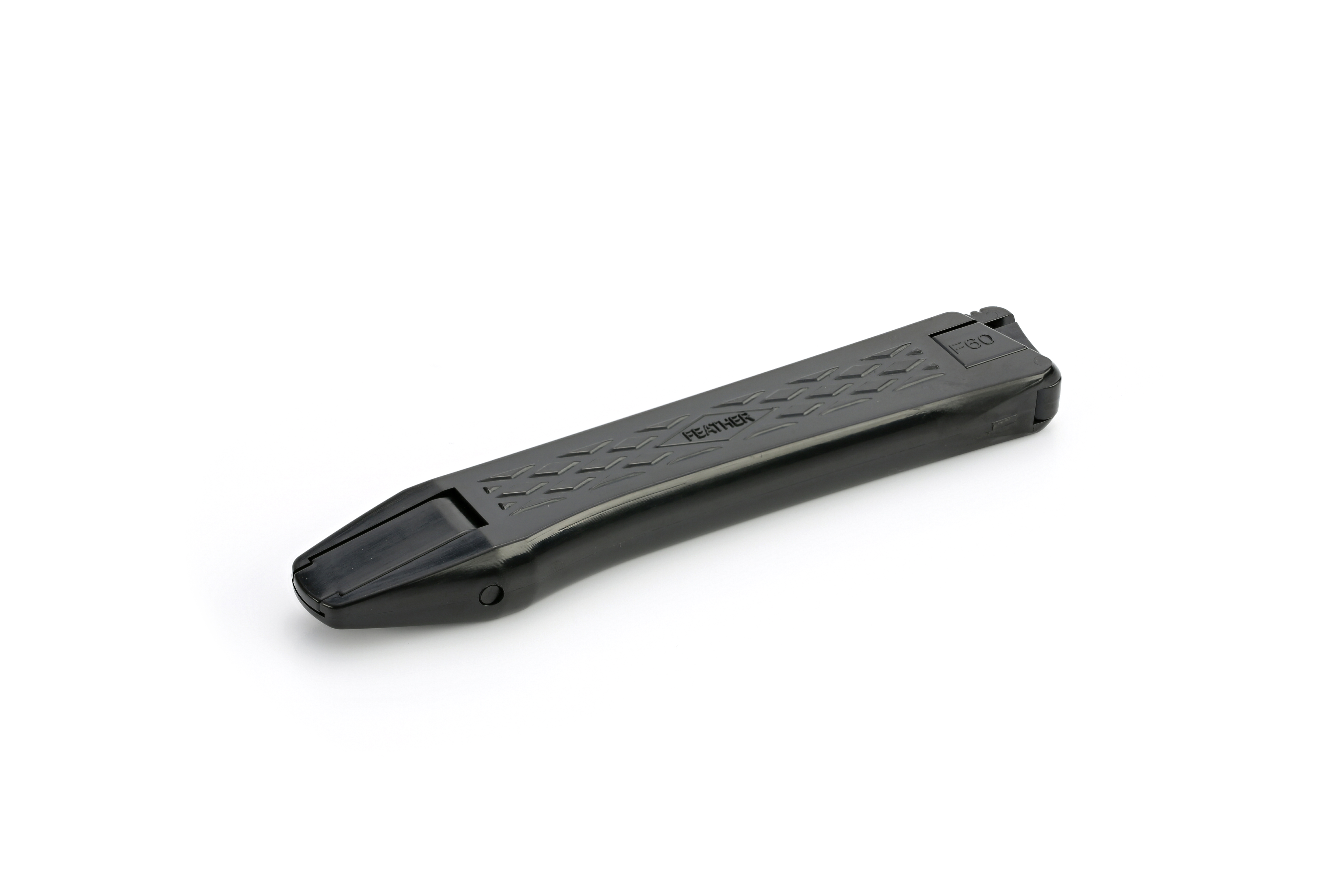 A black and gray firearm magazine is displayed on a white background.