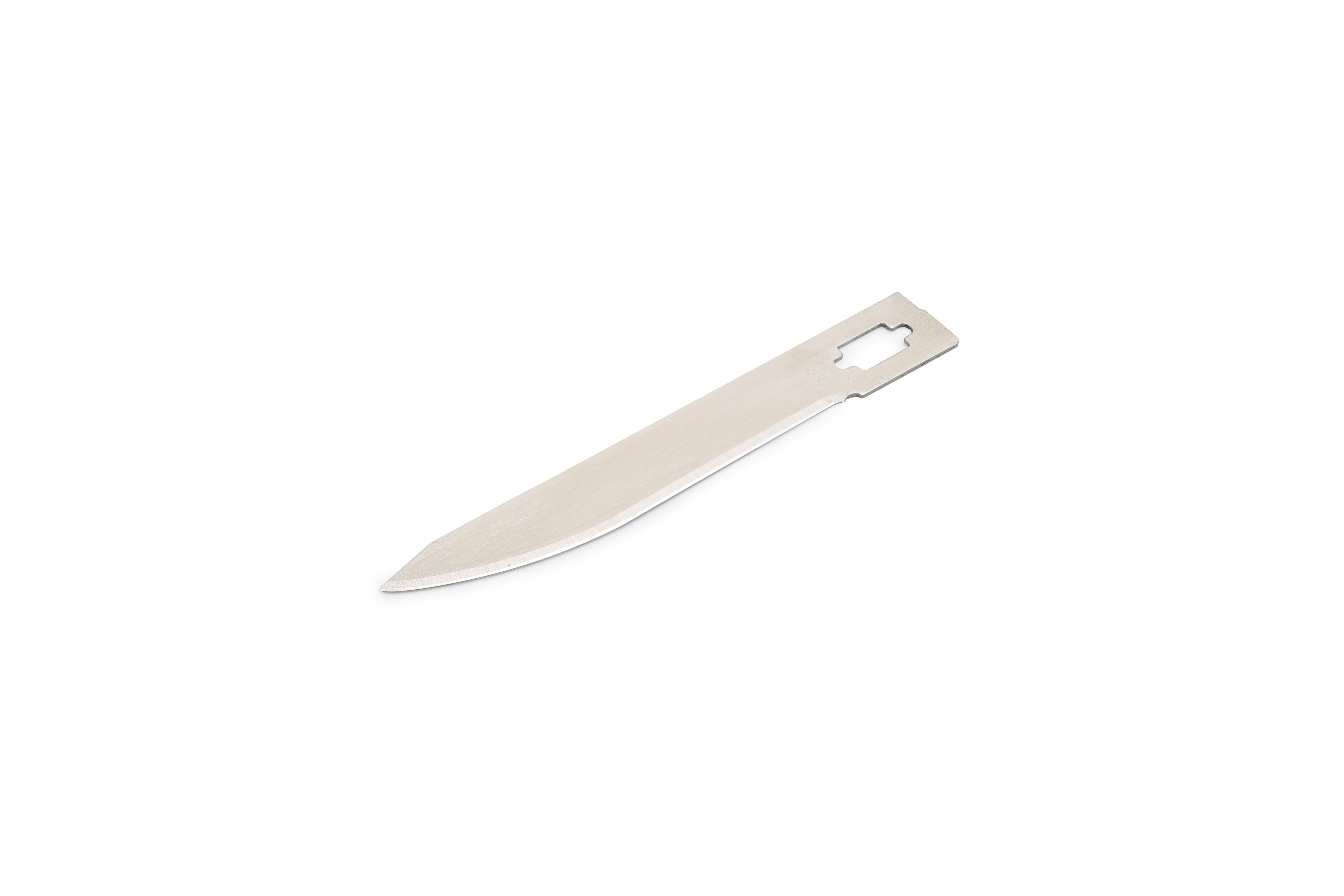 A stainless steel utility knife blade with a pointed tip and a rectangular notch near the base, shown on a white background.