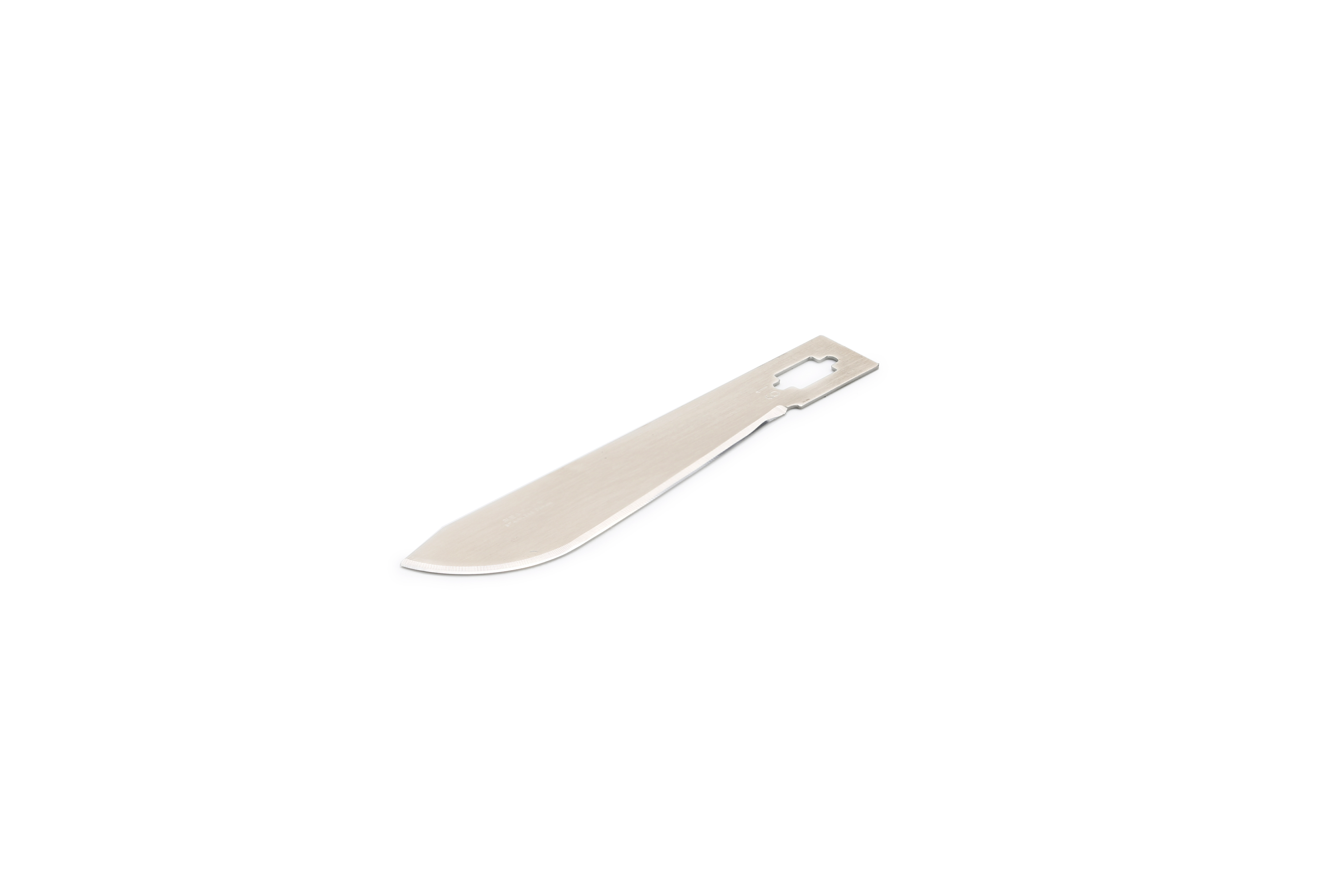 A single stainless steel utility knife blade with a beveled edge and a rectangular notched end, shown on a white background.