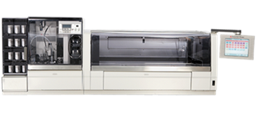 Automated laboratory instrument with sample holders, processing unit, and a touchscreen control panel.