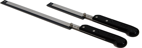 Two flat metal deburring tools with black handles, shown side by side, one longer than the other, on a white background.