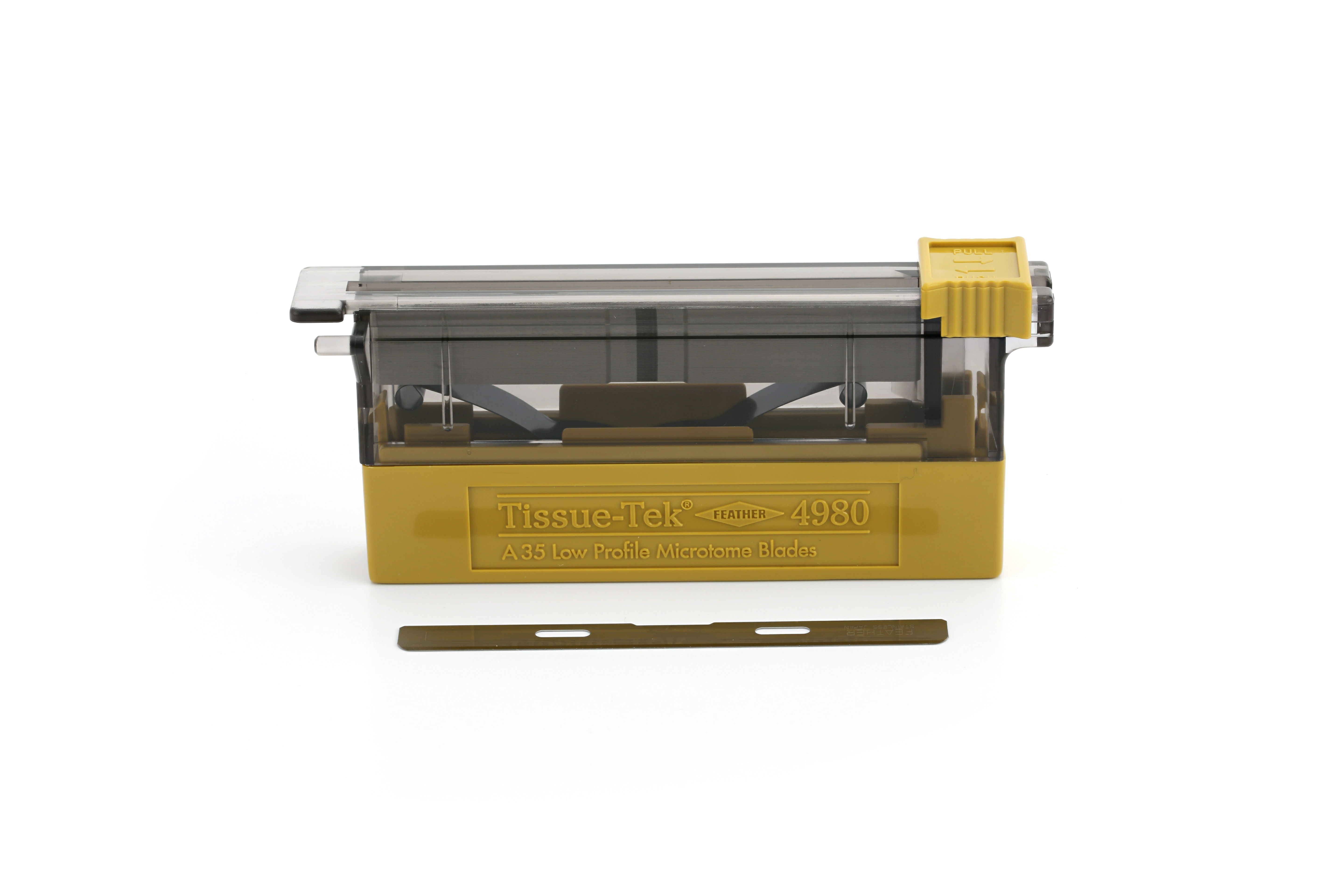 A yellow and clear plastic dispenser labeled