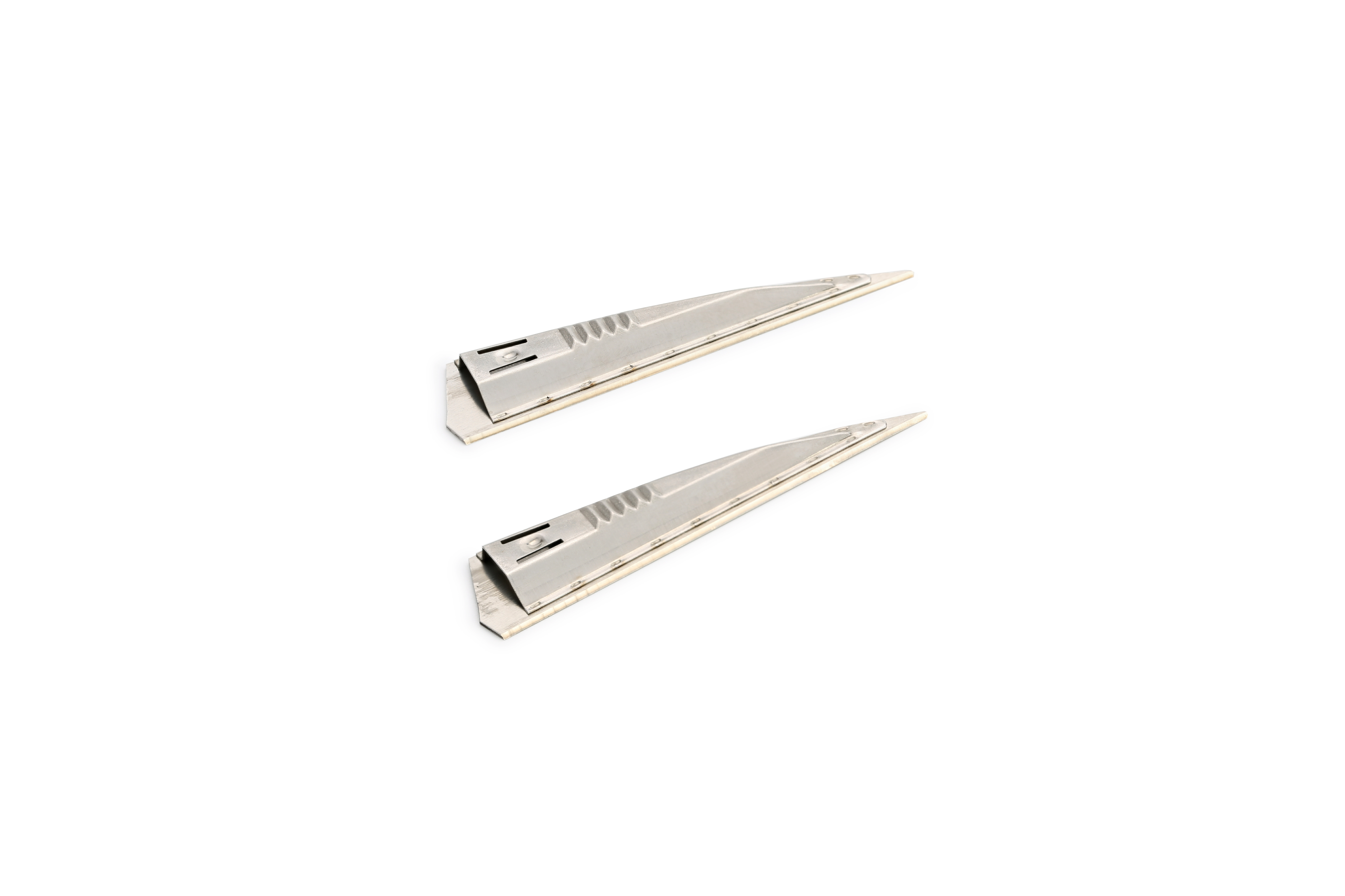 Two metal hair clips with serrated edges are positioned parallel to each other on a white background.