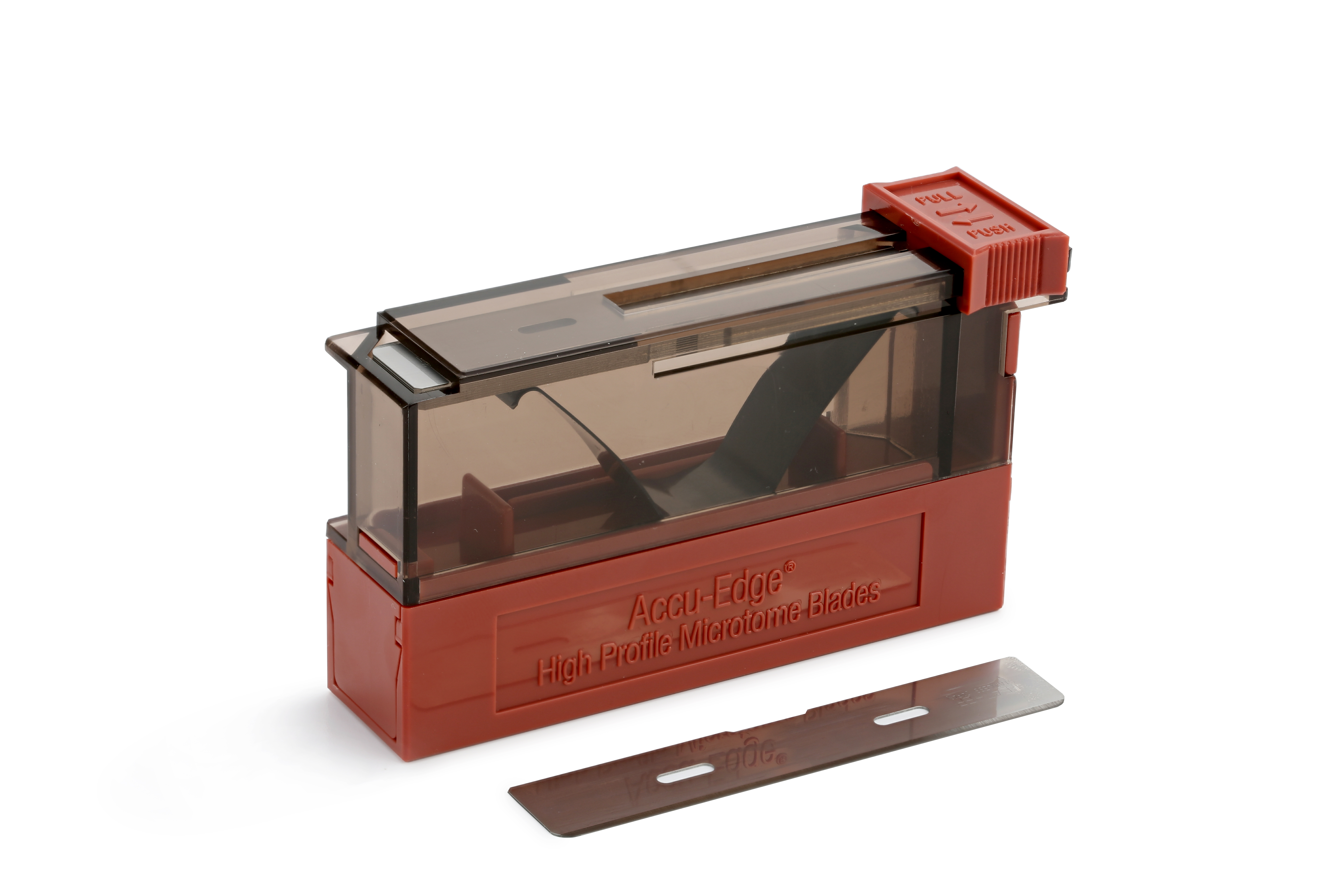 A brown and red dispenser labeled "Acu-Edge High Profile Microtome Blades" with a single metal blade displayed in front of it.