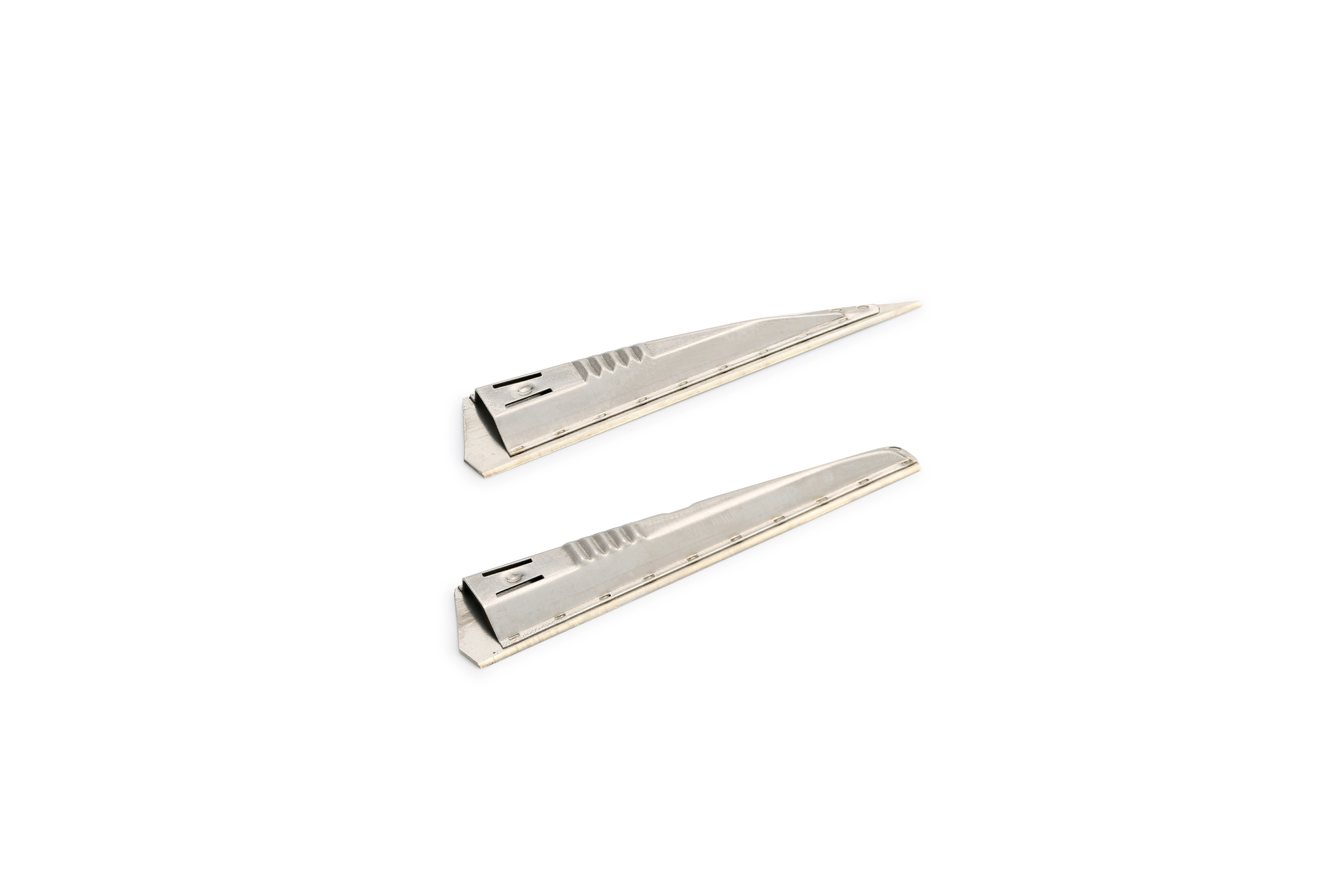 Two silver metal hair clips are placed parallel to each other on a white background.