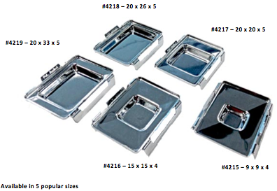 Five rectangular stainless steel trays of varying sizes are displayed, each labeled with specific dimensions and product numbers.