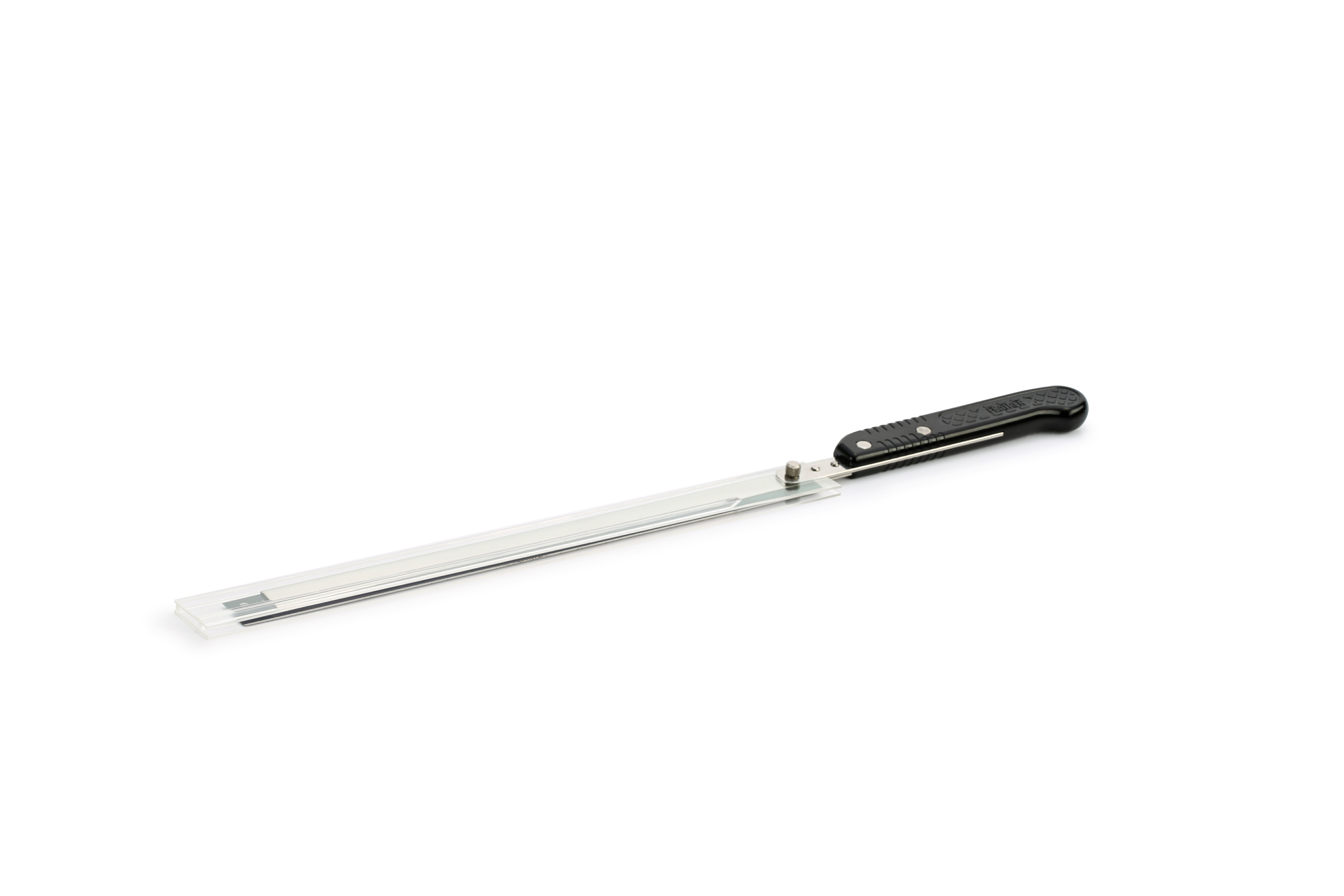 A long, narrow, serrated electric knife with a black handle and a detachable stainless steel blade, placed on a white background.