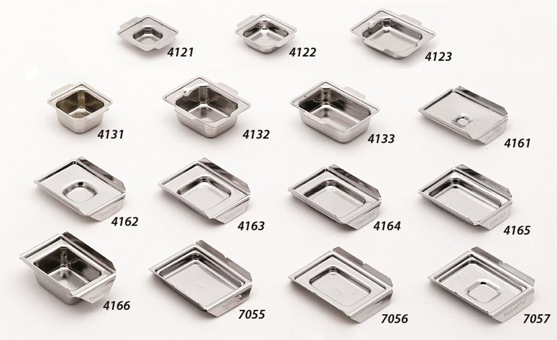 Fifteen stainless steel food pans and lids of various sizes and shapes, each labeled with a model number, are displayed on a white background.