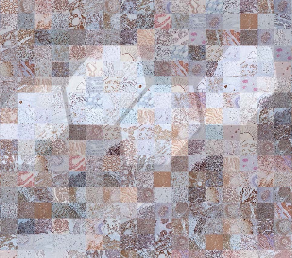 A mosaic of small, square tiles in muted tones of brown, beige, blue, and gray with various abstract and organic patterns on each tile.