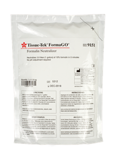 A sealed bag labeled "Tissue-Tek FormaGO Formalin Neutralizer" with product information and usage instructions printed on the front.