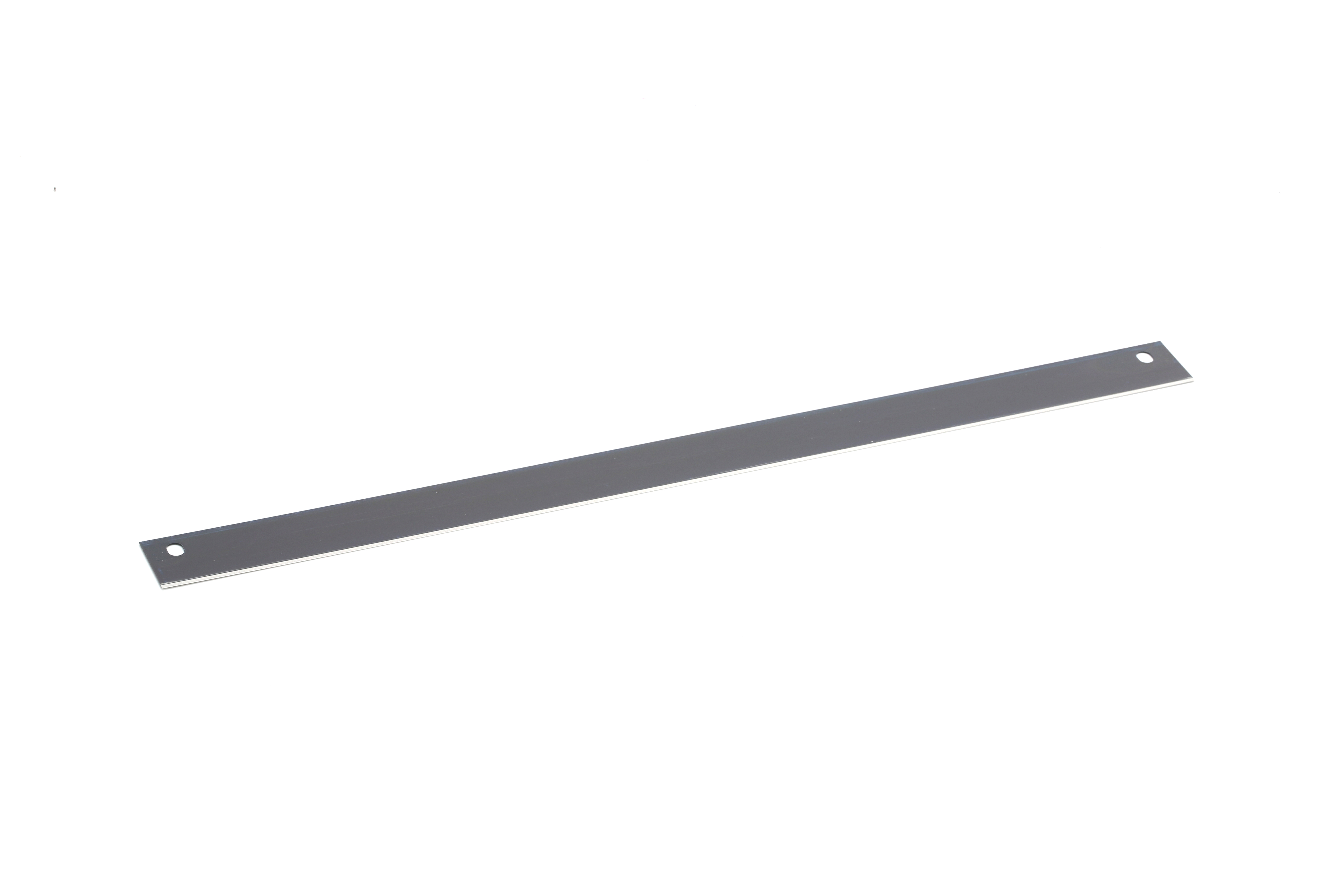 A flat, rectangular metal strip with a hole at each end, placed on a white background.