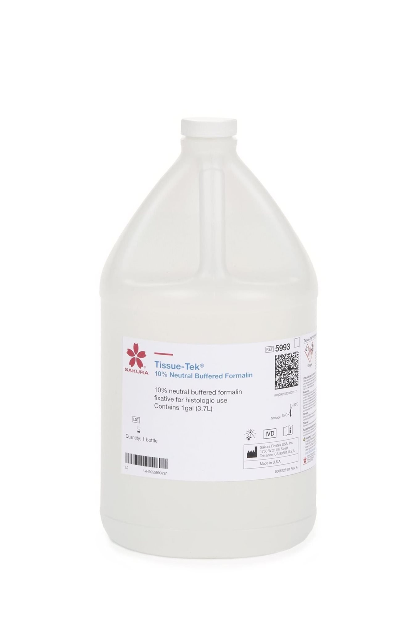 A one-gallon plastic container labeled "Tissue-Tek 10% Neutral Buffered Formalin" for histological use, with product information and barcode on the front.