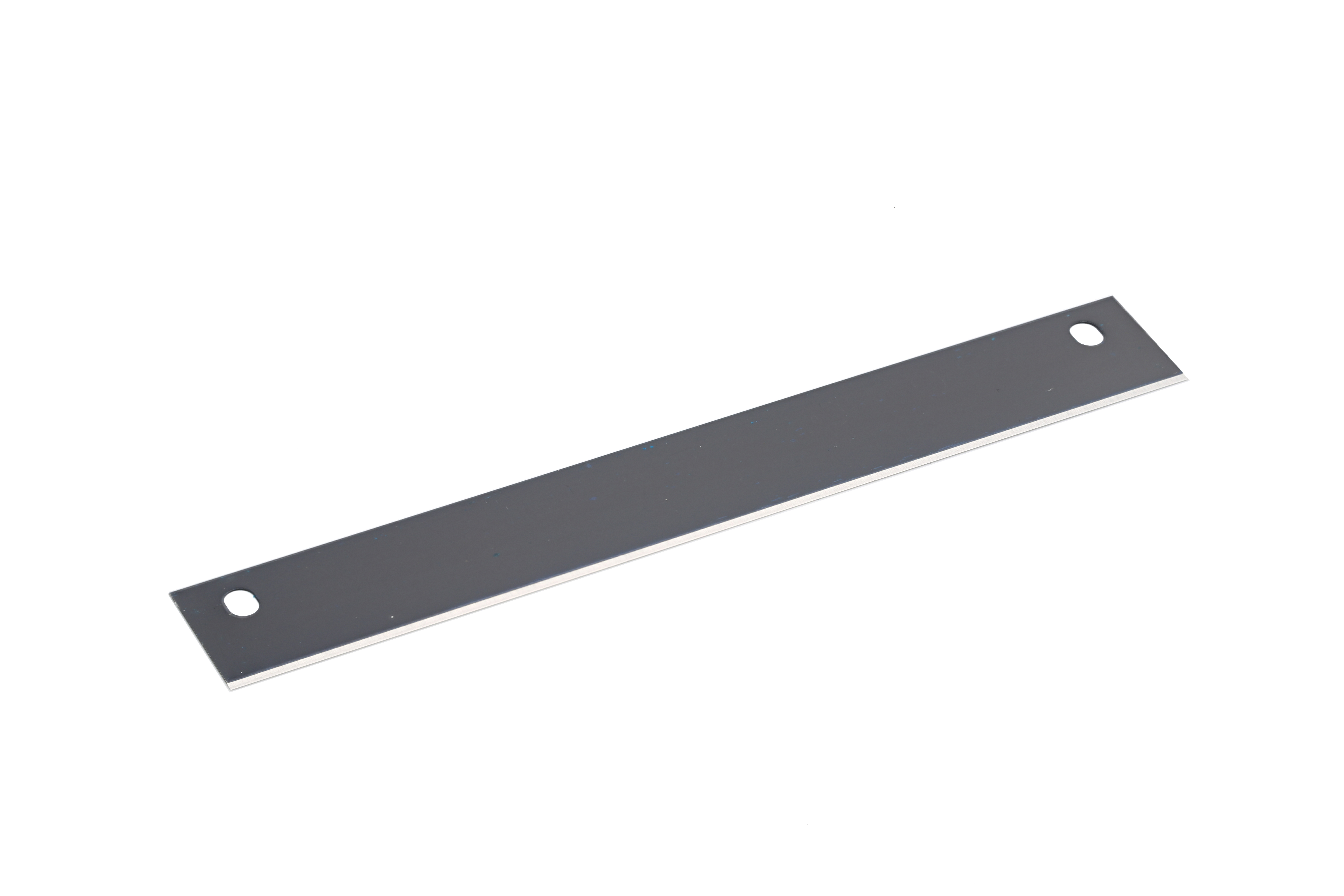 A flat, rectangular metal strip with a hole at each end, placed on a white background.