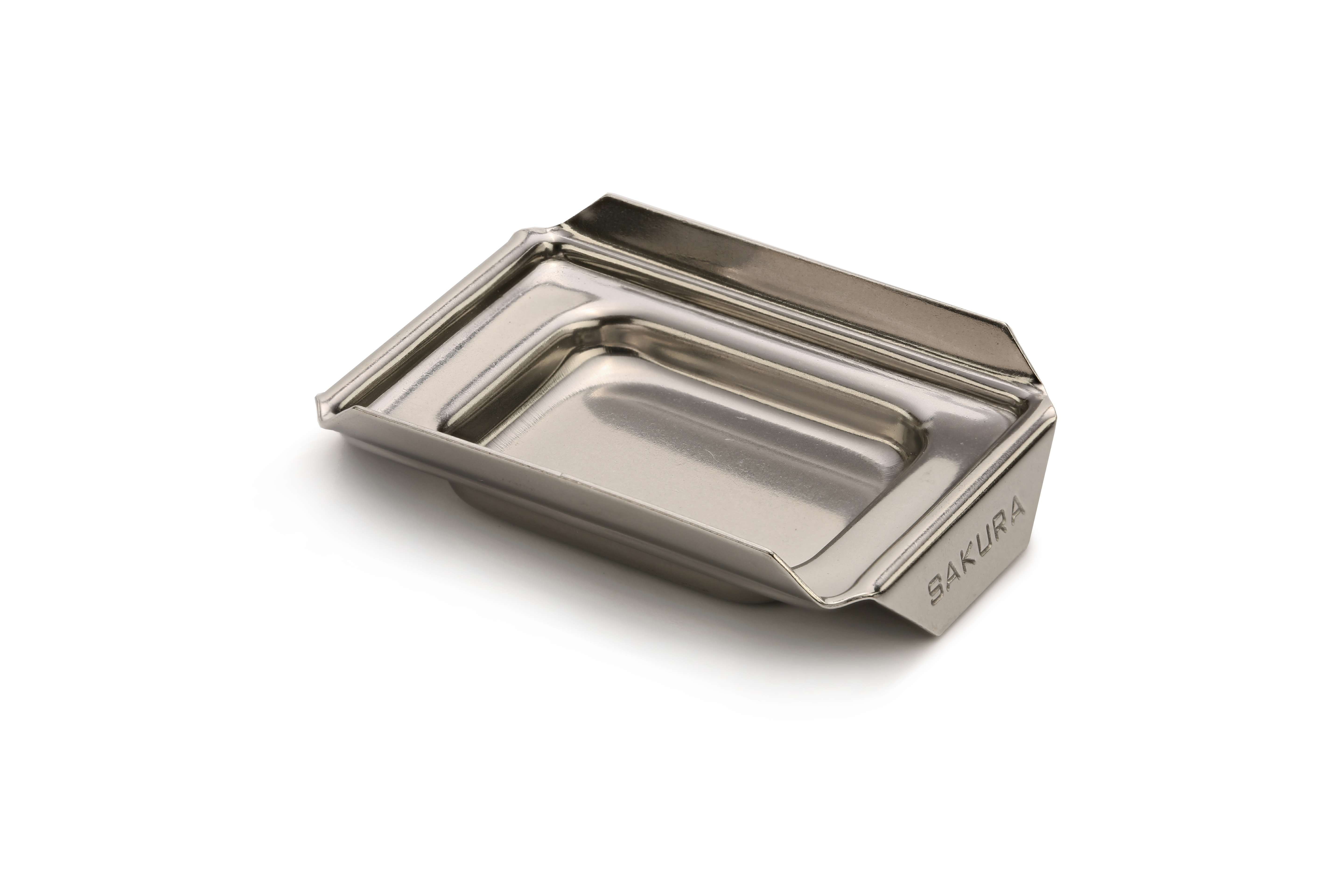 Rectangular stainless steel container or tray with slightly raised edges, labeled
