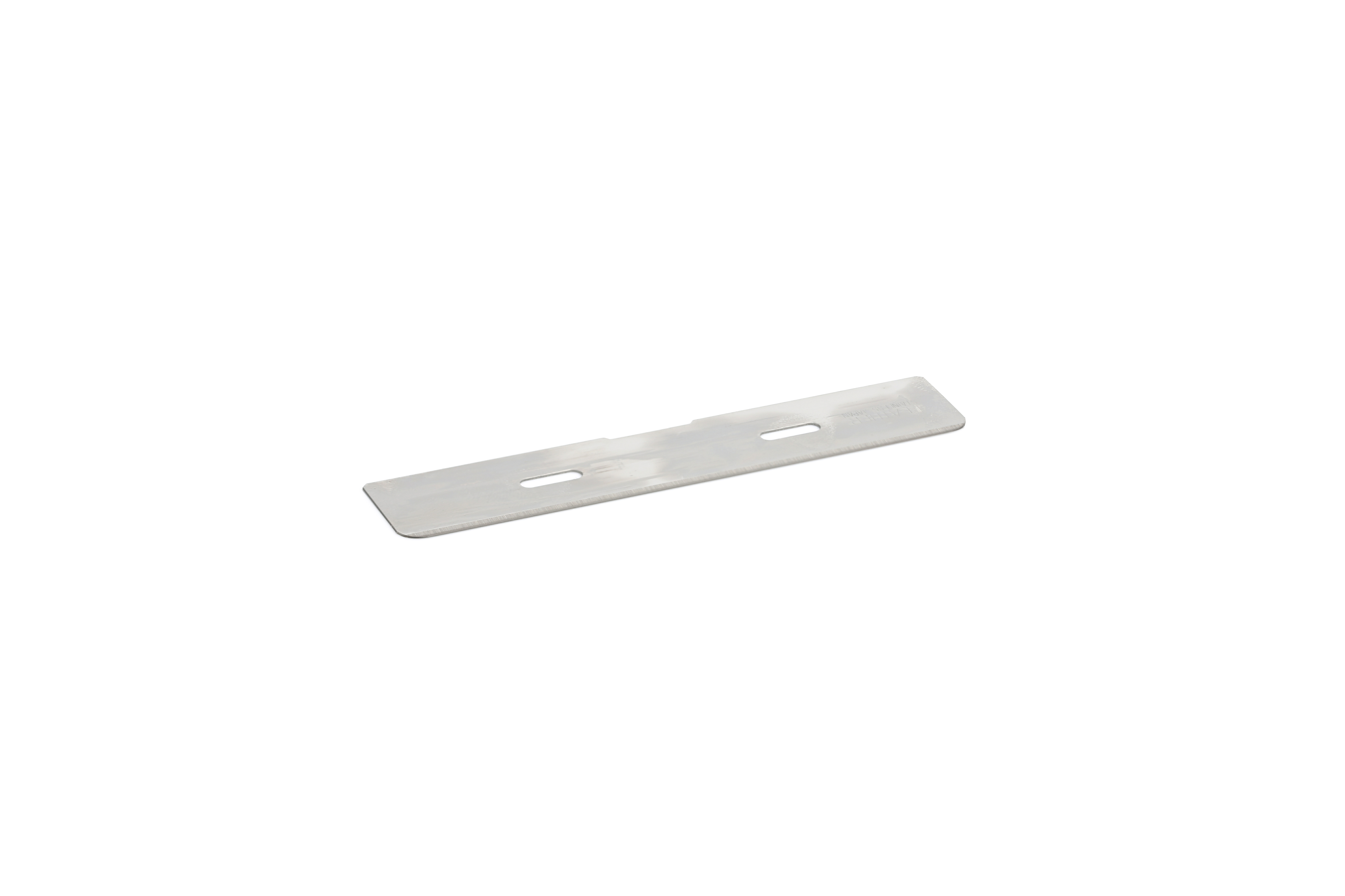 A rectangular metal bracket with two oblong holes in the center, placed on a white background.