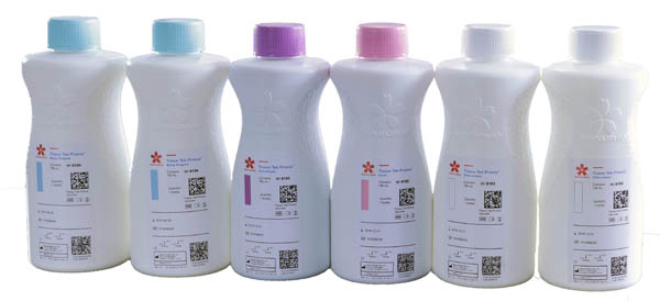 Six white plastic bottles with different colored caps and labels, arranged in a row, each with printed QR codes and text on the front.