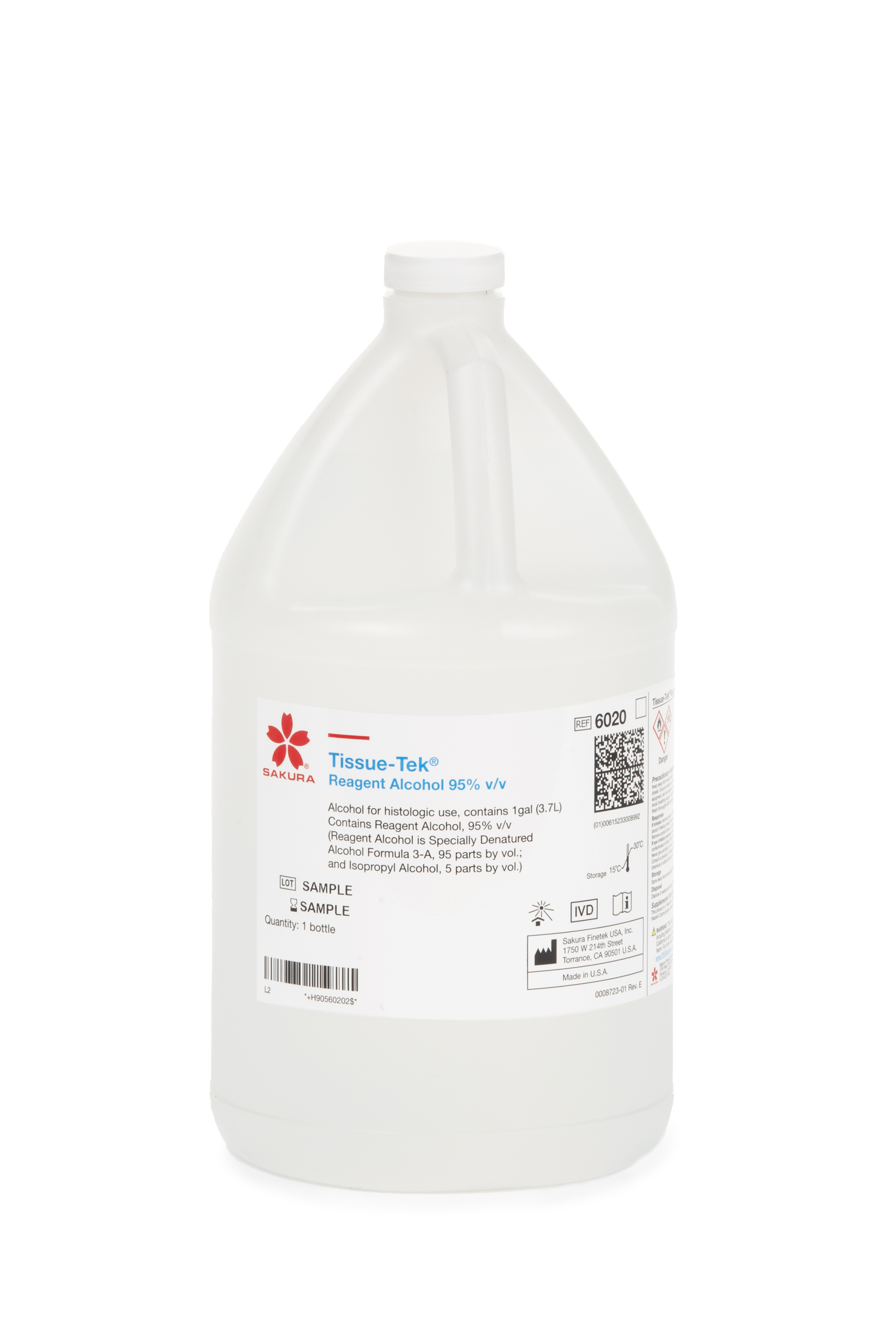 A gallon-sized bottle labeled Tissue-Tek Reagent Alcohol 95% v/v, for laboratory use, with safety and usage information on the front.