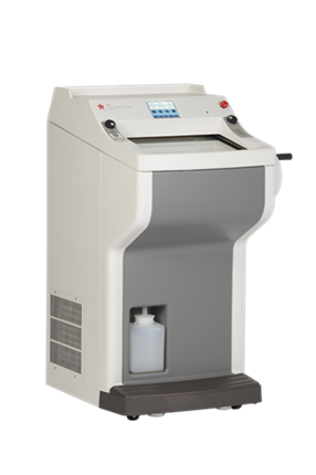 A white medical laboratory machine with a digital display, control buttons, and a storage space containing a plastic bottle at the bottom.
