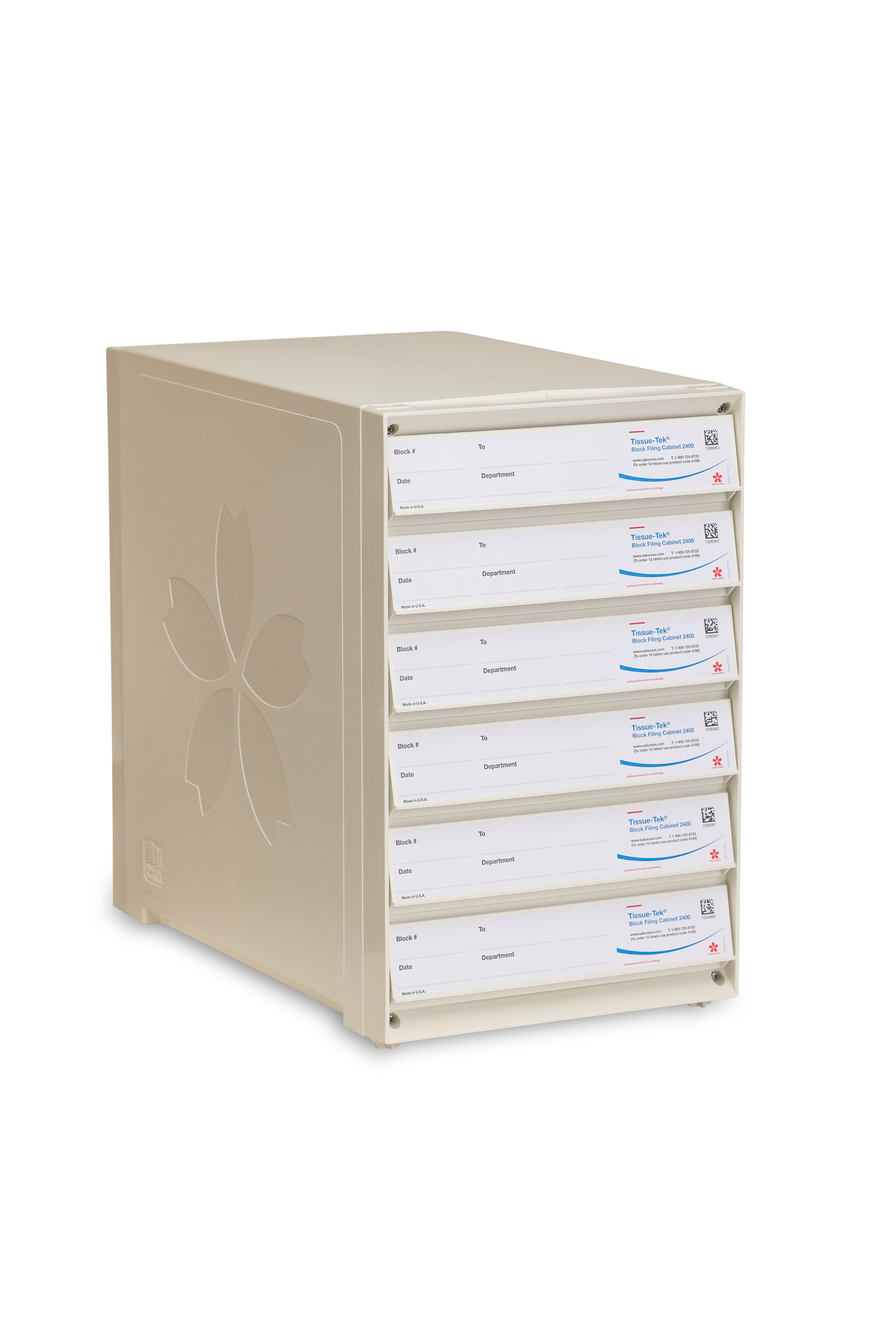 A beige document organizer with six labeled horizontal drawers, each labeled for different contents, and a flower design etched on the side.