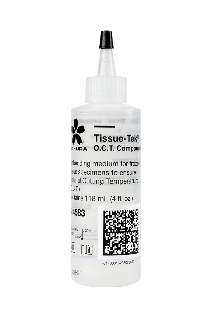 A clear plastic bottle labeled “Tissue-Tek O.C.T. Compound” with a narrow nozzle cap, used for embedding frozen tissue specimens. Contains 118 mL (4 fl. oz.).