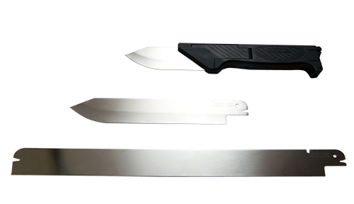 Three knife blades are displayed horizontally: a utility knife with a black handle at the top, a mid-size blade in the middle, and a long straight blade at the bottom.