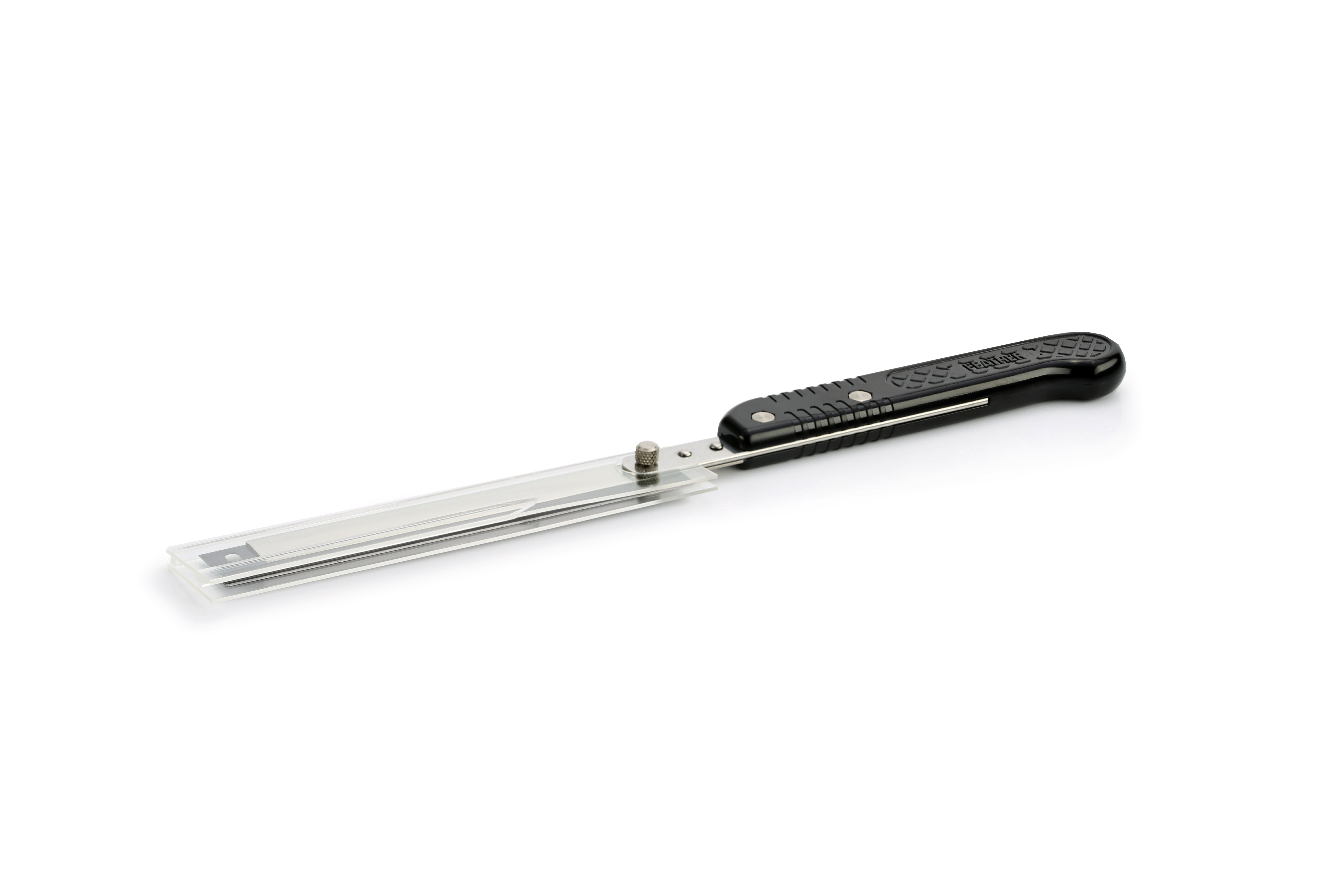 A black and silver utility knife with a retractable blade and a textured handle, shown against a white background.
