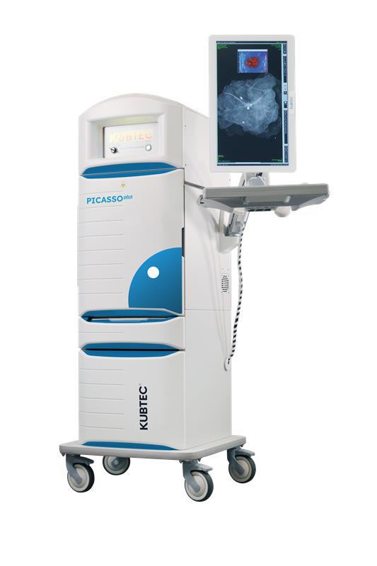 A medical imaging machine with a screen displaying a scan image, labeled "PICASSO" and "Kubtec," on wheels for mobility.