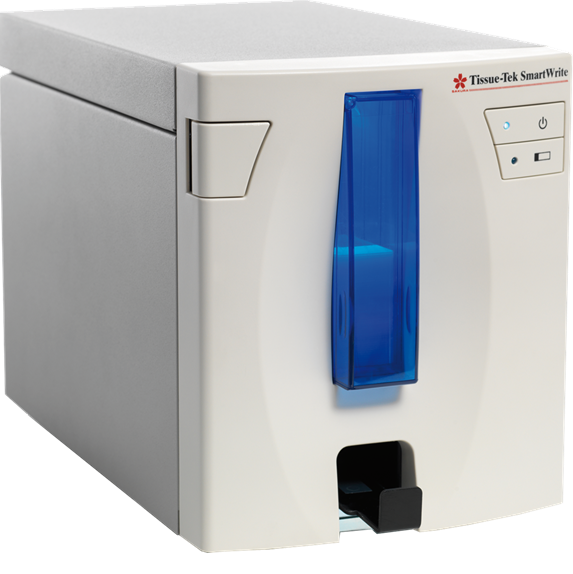 A Tissue-Tek SmartWrite device with a white body, blue front panel, and control buttons, designed for laboratory use.
