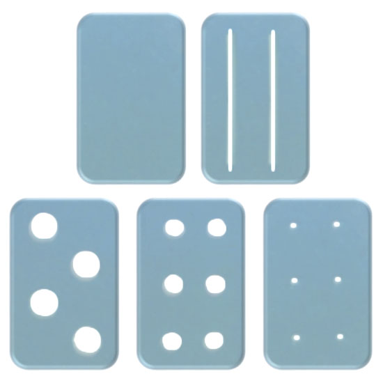 Five domino tiles: top row shows blank and double two; bottom row shows five, double three, and double one.