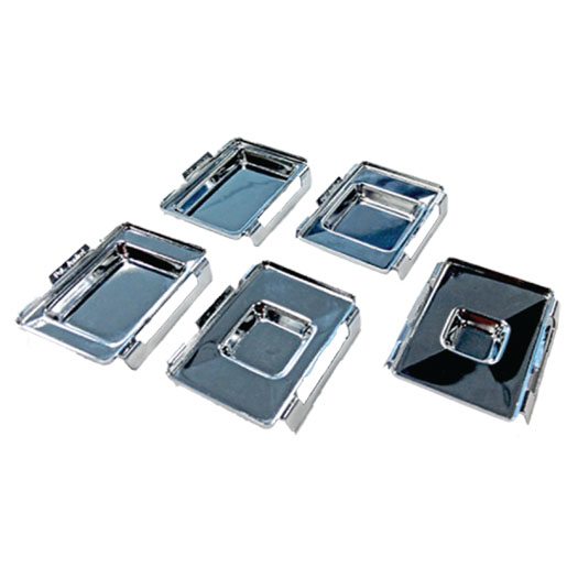 Five rectangular stainless steel trays with lids, each featuring a central cut-out or handle, arranged on a white background.