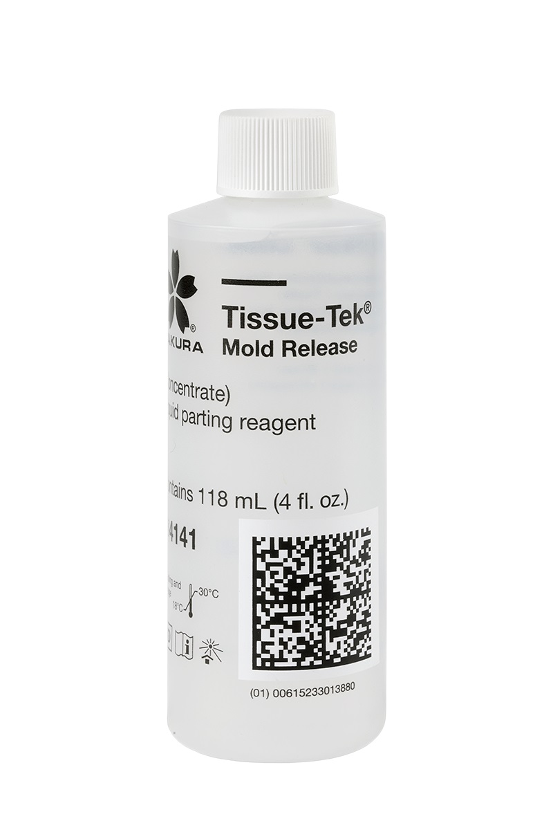 A white plastic bottle labeled "Tissue-Tek Mold Release" containing 118 mL of liquid parting reagent, with a QR code and product information on the label.