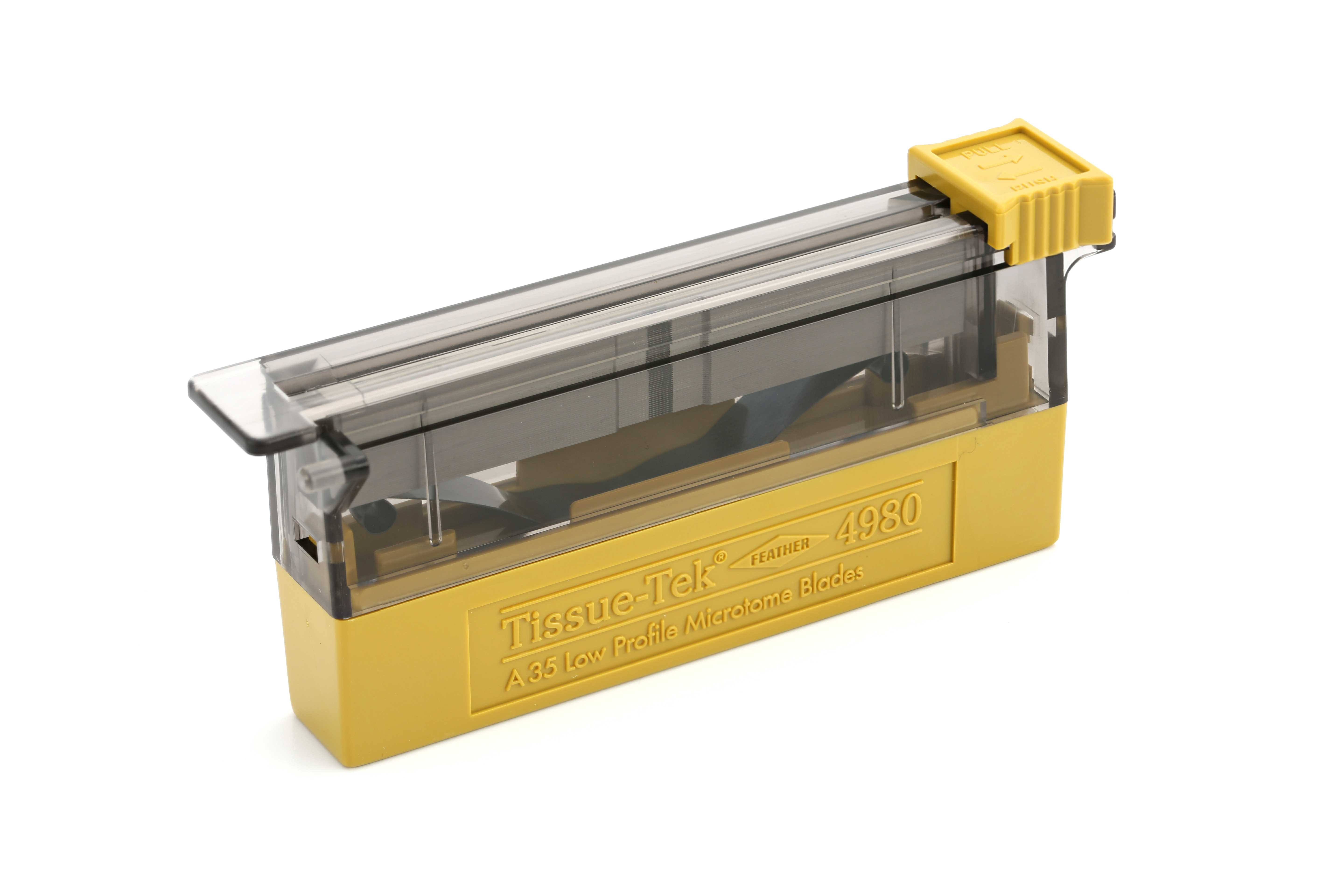 A yellow and clear plastic cartridge labeled