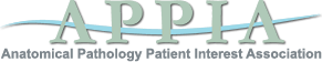 Logo displaying the acronym "APPIA" with the text "Anatomical Pathology Patient Interest Association" beneath it and a blue curved line in the background.