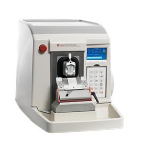 A laboratory microtome machine with a digital display and control panel, used for slicing thin sections of samples for microscopic examination.