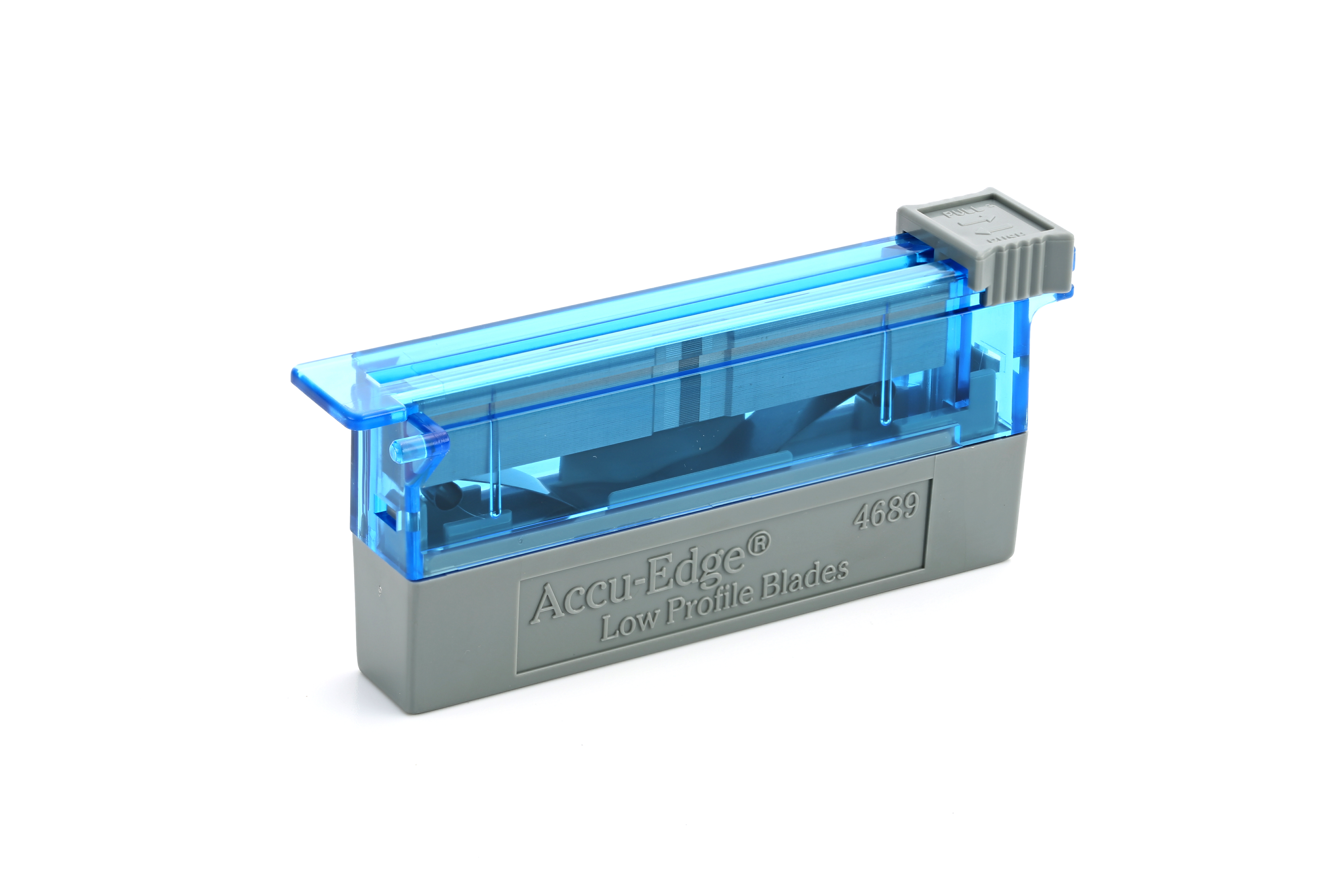 A gray and blue plastic container labeled