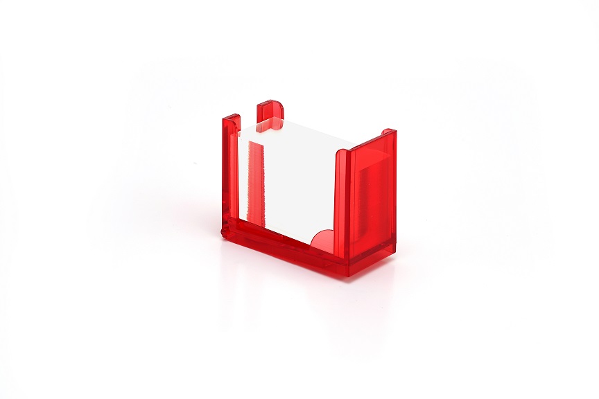 A red, transparent plastic desktop holder designed to hold small items such as business cards or sticky notes, pictured on a white background.