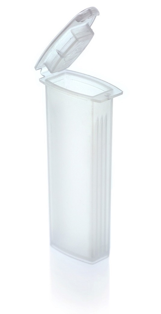 A translucent, rectangular plastic container with a hinged lid, shown open and standing upright on a white background.