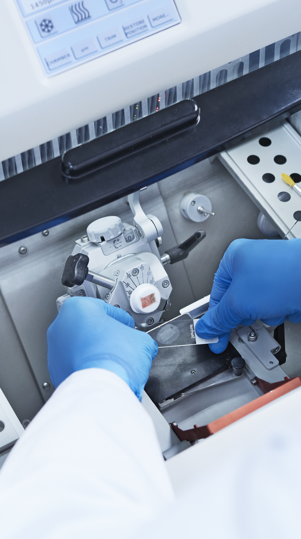 Gloved hands operate a laboratory microtome to prepare thin samples, with control panels and scientific equipment visible in the background.