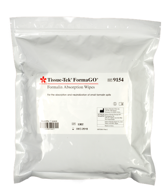 A sealed package labeled "Tissue-Tek FormaGO Formalin Absorption Wipes" for absorbing and neutralizing small formalin spills.