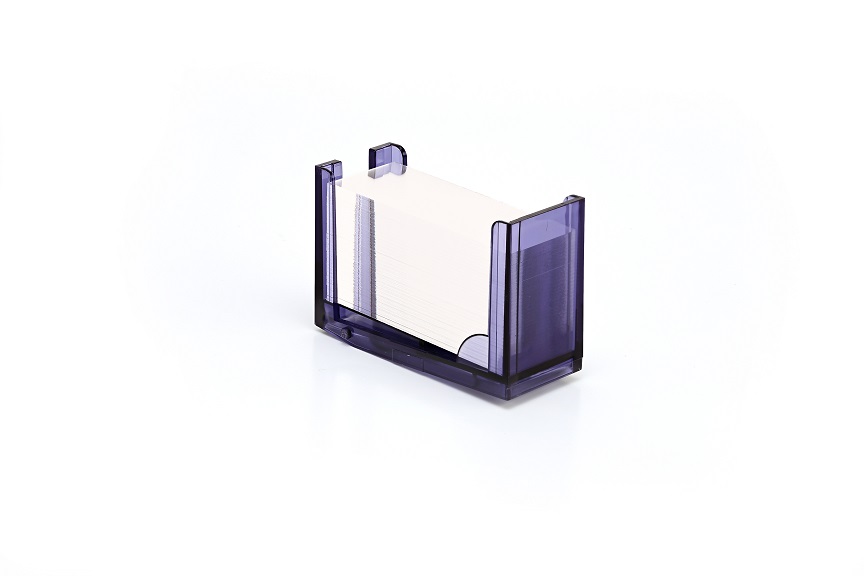 A clear purple plastic holder containing a stack of white index cards on a white background.