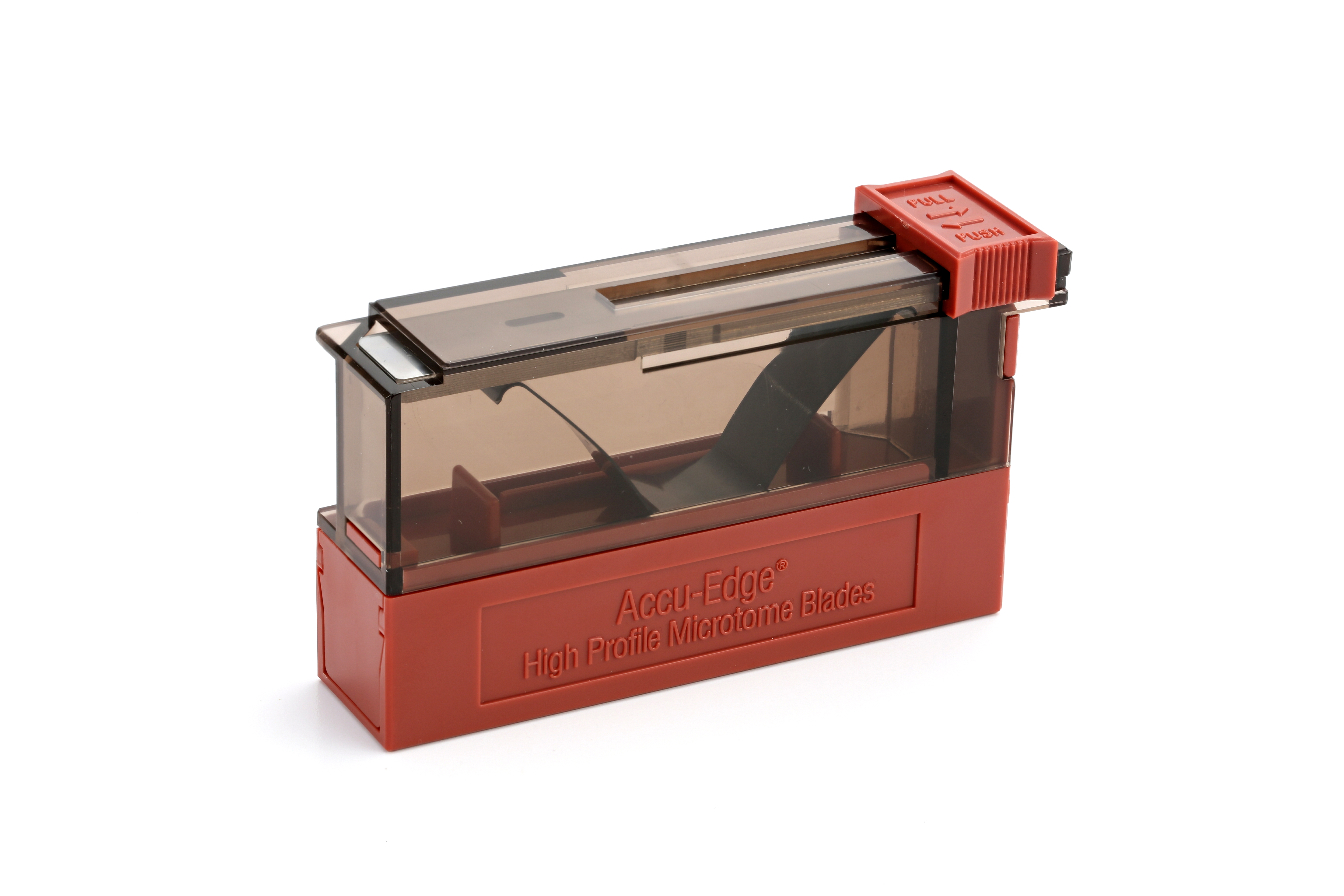 A red and transparent plastic dispenser labeled