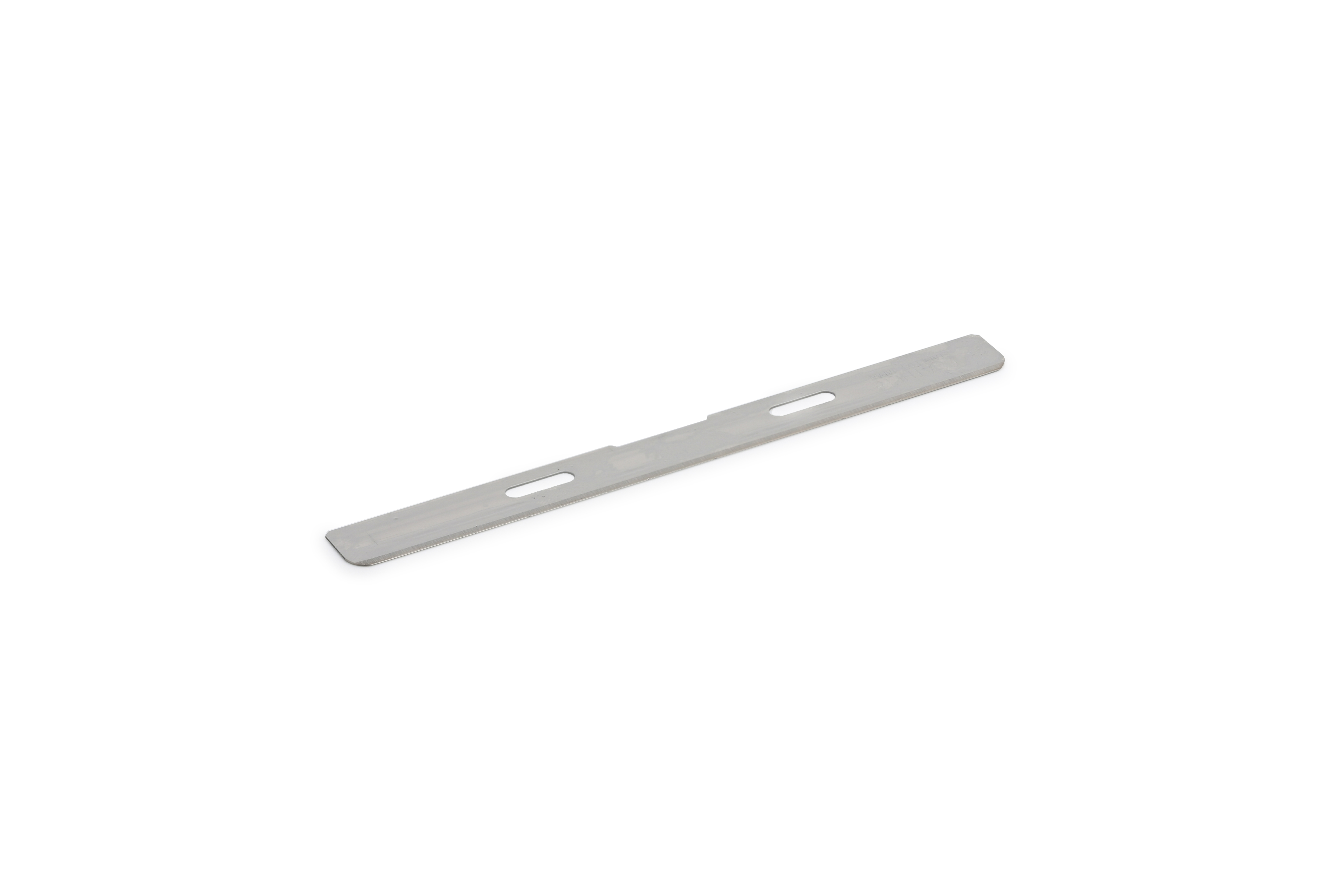 A rectangular metal mounting bracket with two elongated holes and a notched edge, shown on a white background.