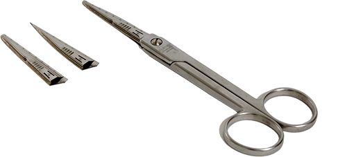 A pair of metal dissecting scissors with two detachable, pointed blade attachments placed beside it on a white background.