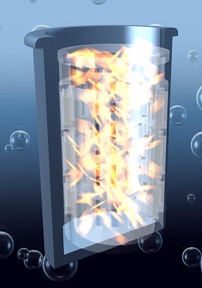 A digital illustration shows a cylindrical device with internal flames or sparks, surrounded by bubbles against a gradient blue background.