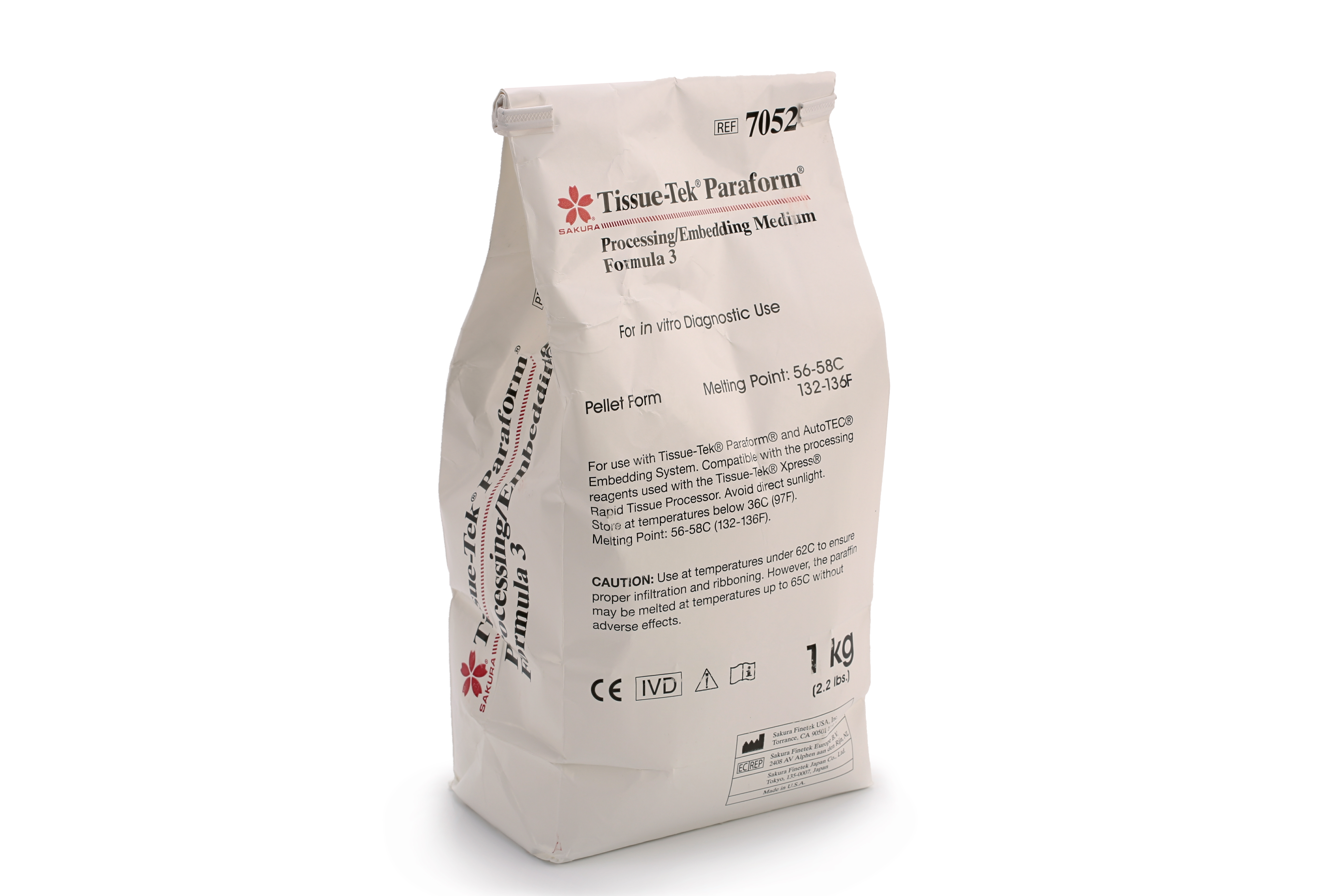 A 1 kg bag of Tissue-Tek Paraform Processing/Embedding Medium Formula J in pellet form, labeled with product information, cautions, and a melting point of 55-58°C.