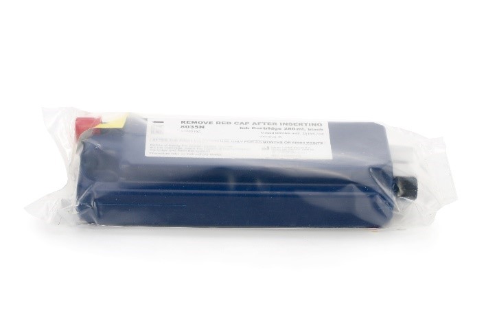 A sealed blue ink cartridge in plastic packaging with a label on top.