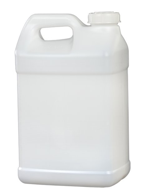 A white, translucent plastic jerrycan with a handle and a screw cap is shown against a plain background.