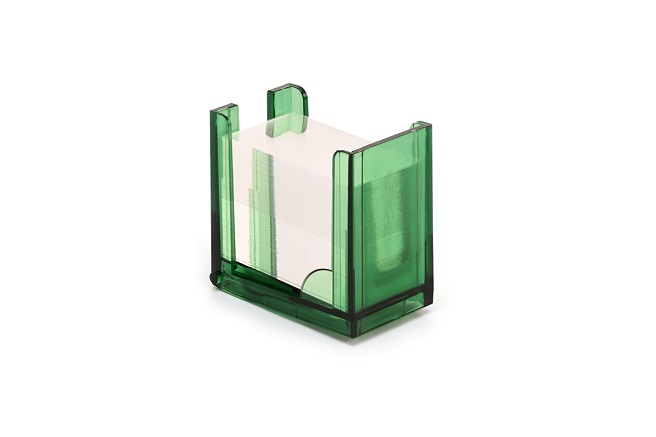 A green transparent acrylic note holder containing a stack of white square paper notes, shown on a white background.